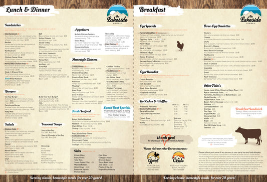 Country Cookin at the Lakeside Menu