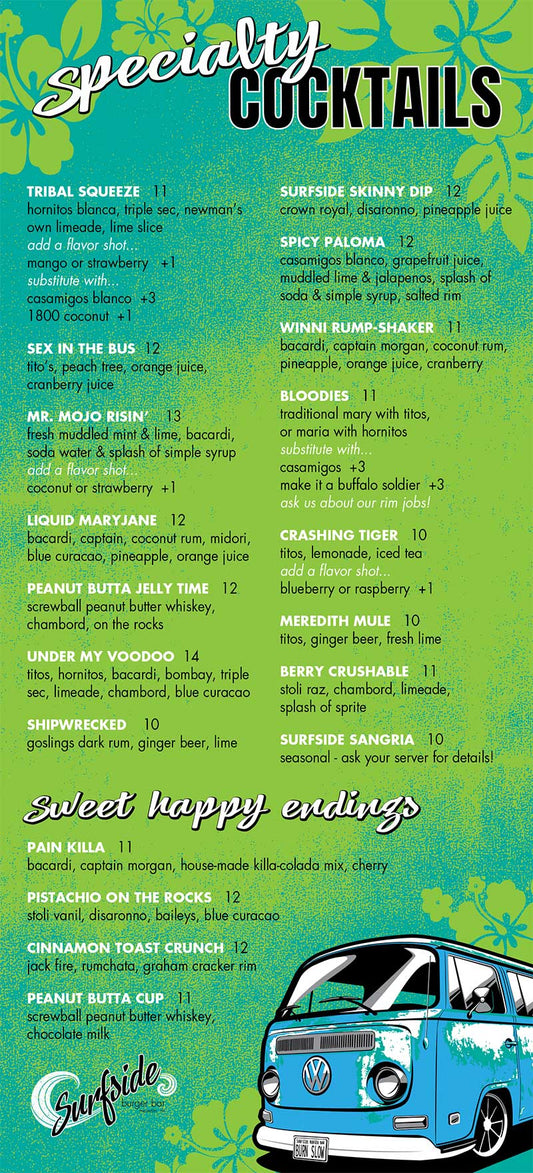 Surfside Burger Bar Cocktails Menu